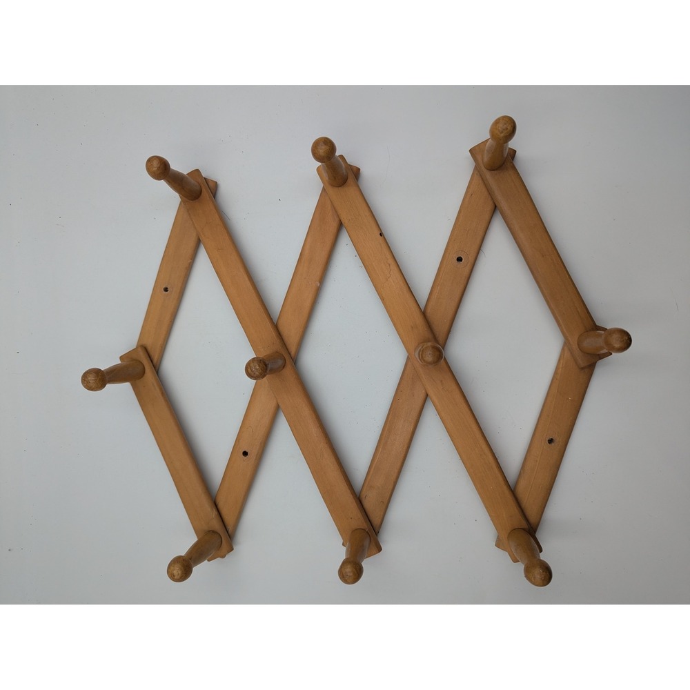Vintage Accordion Wall Rack Wood Expandable 10 Peg Light Brown